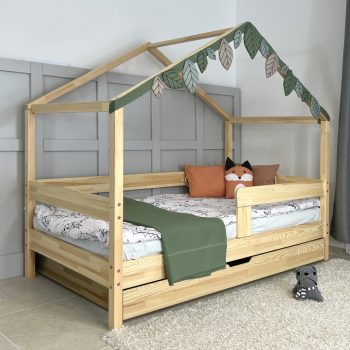   Házikóágy 180×90 cm, long tetővel, classic leesésgátlóval, ágyneműtartóval, festésre előkészített felülettel