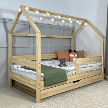   Házikóágy 180×90 cm, original tetővel, classic leesésgátlóval, ágyneműtartóval, festésre előkészített felülettel