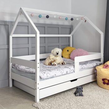   Házikóágy 180×90 cm, original tetővel, classic leesésgátlóval, ágyneműtartóval, fehér színben