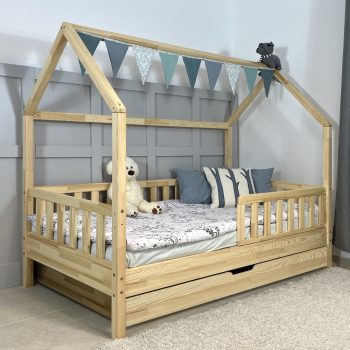   Házikóágy 180×90 cm, original tetővel, star leesésgátlóval, ágyneműtartóval, festésre előkészített felülettel